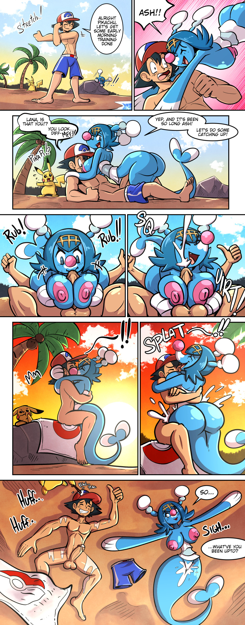 69_position absurd_res alternate_species anthro areola ash_ketchum balls beach beach_towel beard big_breasts big_butt black_hair blue_body blue_eyes blue_hair bodily_fluids breast_play breasts brionne butt clothing comic cum cum_in_pussy cum_inside cumshot dipstick_ears ejaculation embrace english_text erection exclamation_point eyes_closed facial_hair female female_penetrated genital_fluids genitals gesture group hair hat headgear headwear hi_res hug human human_on_anthro interspecies kissing lying male male/female male_penetrating male_penetrating_female mammal multicolored_ears nintendo nipples nude on_back onomatopoeia open_mouth oral palm_tree penetration penis pikachu pink_areola pink_nipples pink_nose plant pok&eacute;mon pok&eacute;mon_(species) pok&eacute;philia question_mark rock sachasketchy seaside sex sound_effects stretching swimming_trunks swimwear tan_body tan_skin text thumbs_up titfuck towel tree trial_captain_lana trio vaginal vaginal_penetration video_games yellow_body