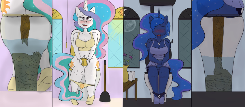absurd_res anthro bathroom blue_body blue_hair blush bra breasts clothed clothing container cup cutie_mark day detailed_background digital_media_(artwork) dress duo equid equine feathered_wings feathers feces female flower footwear friendship_is_magic hair hasbro hi_res horn horse mammal multicolored_hair my_little_pony night notmypornaccount open_mouth panties panties_down partially_clothed pink_eyes plant plunger pony pooping princess_celestia_(mlp) princess_luna_(mlp) scat shoes sitting sky smile toilet toilet_paper toilet_use topwear underwear underwear_down unicorn vase white_body winged_unicorn wings