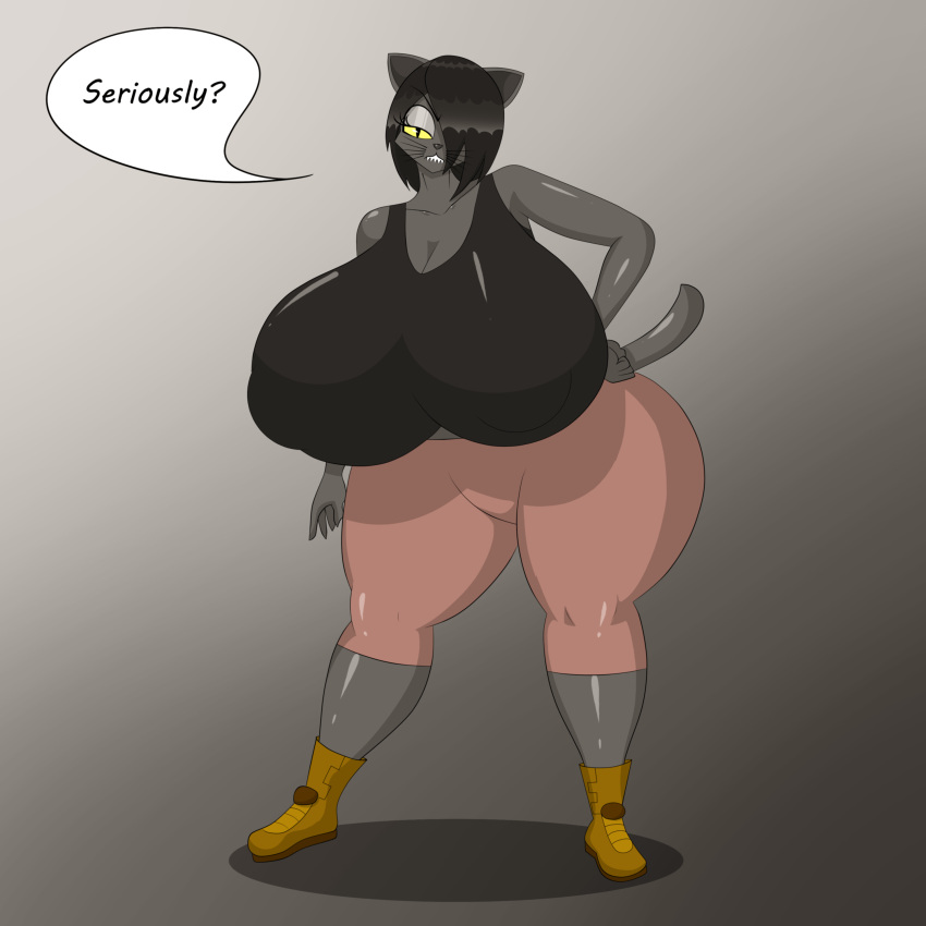 absurd_res anthro big_breasts big_butt black_hair bottomwear breasts butt clothed clothing english_text felid feline female footwear grey_body hair hair_over_eye hi_res huge_breasts huge_butt hyper hyper_breasts hyper_butt jasmine_boyd_(tvc) mammal marshall123x_(artist) nipple_outline one_eye_obstructed pants question_mark shirt shoes solo speech_bubble text the_vermander_curse thick_thighs topwear whiskers wide_hips zed_technician_games