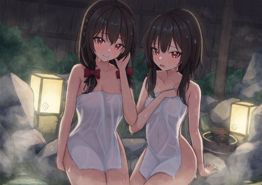 2girls arm_strap black_cat blush bow braid breasts brown_hair bucket cat chomusuke closed_mouth covered_navel hair_bow highres icetea774 kono_subarashii_sekai_ni_shukufuku_wo! lantern long_hair looking_at_viewer medium_breasts medium_hair megumin multiple_girls naked_towel onsen open_mouth red_eyes rock sidelocks sitting small_breasts steam thighs towel twintails wavy_mouth wet wet_towel wooden_bucket yunyun_(konosuba)