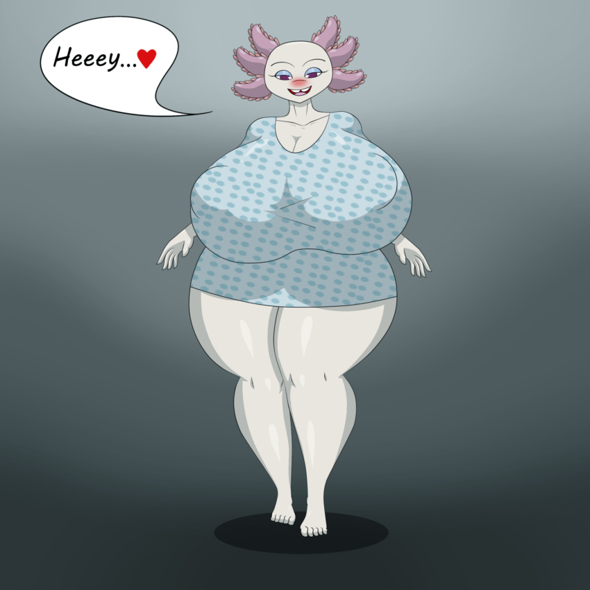 &lt;3 ... amphibian anthro axolotl bedroom_eyes big_breasts blush breasts english_text female gown hi_res huge_breasts looking_at_viewer marshall123x_(artist) mole_salamander narrowed_eyes nipple_outline open_mouth red_eyes salamander_(amphibian) seductive solo speech_bubble tammy_giles_(tvc) text the_vermander_curse thick_thighs tooth_gap white_body wide_hips zed_technician_games