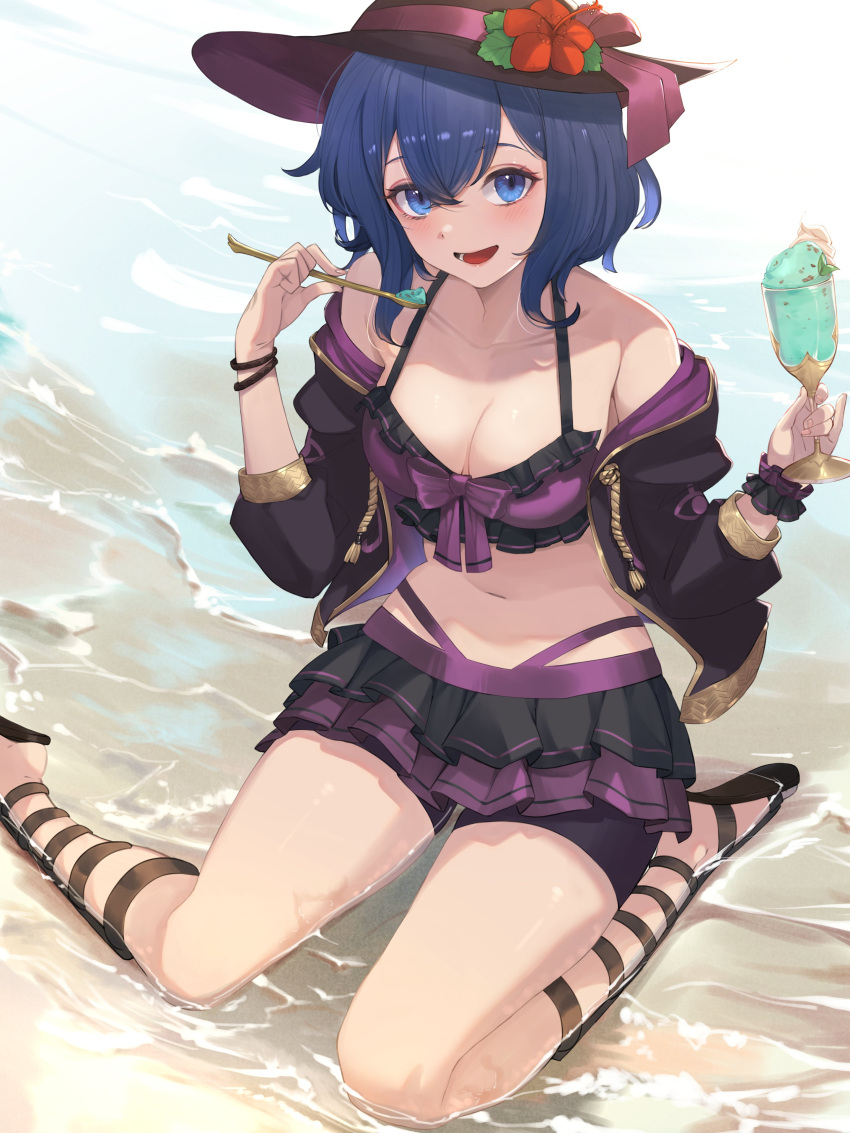 1girl :d absurdres alternate_costume alternate_eye_color beach bikini bikini_skirt blue_eyes blue_hair blush breasts cleavage coat collarbone commission cup eating fire_emblem fire_emblem_awakening flower food front-tie_bikini front-tie_top hat hibiscus highres holding holding_cup ice_cream kneeling layered_bikini looking_at_viewer medium_breasts morgan_(fire_emblem) morgan_(fire_emblem)_(female) navel ocean open_mouth ritence sandals short_hair smile solo spoon sun_hat swimsuit wet