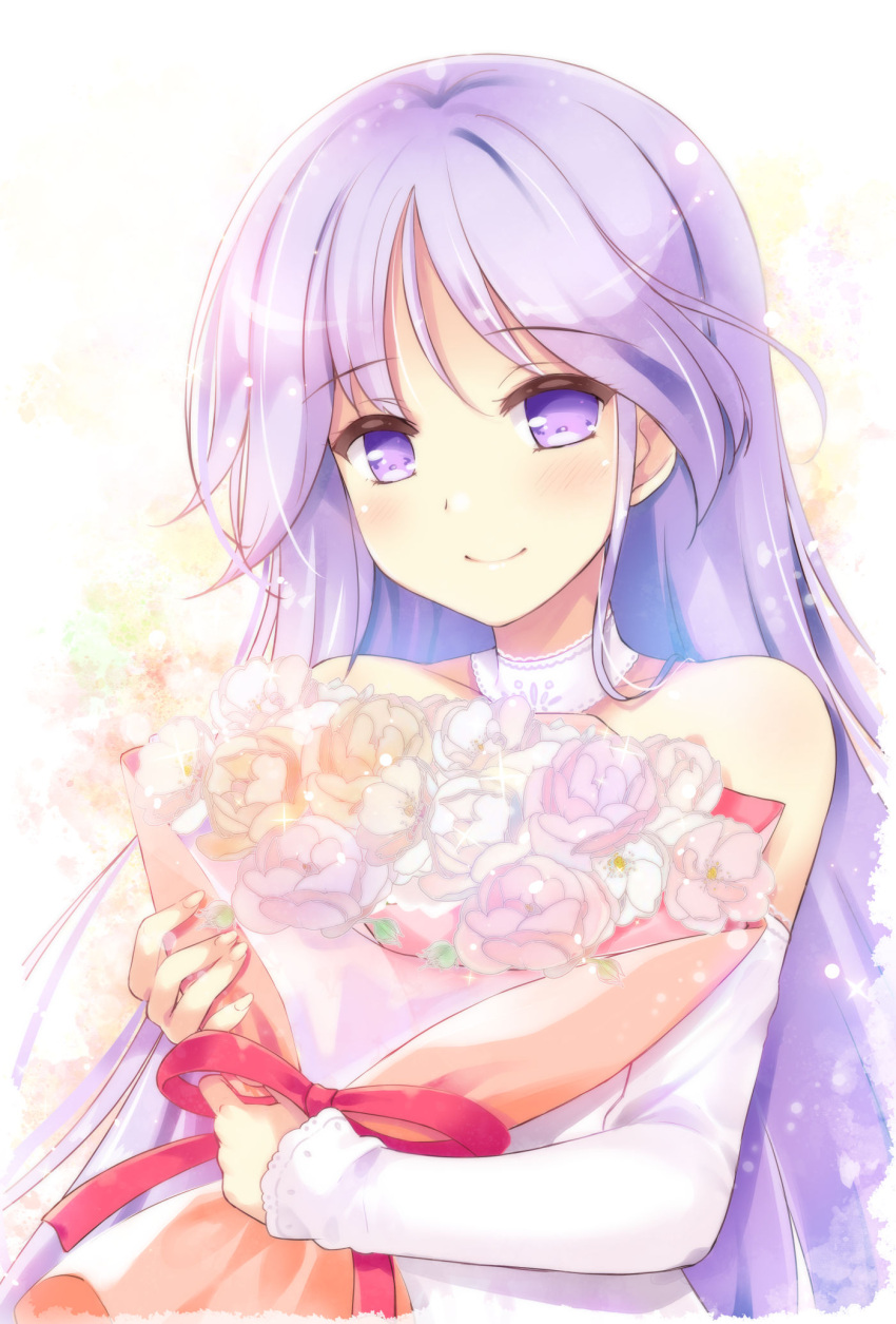 1boy blush bouquet choker closed_mouth commentary detached_sleeves dress happiness! highres holding holding_bouquet ko~cha long_hair male_focus otoko_no_ko purple_eyes purple_hair smile solo upper_body very_long_hair watarase_jun white_dress