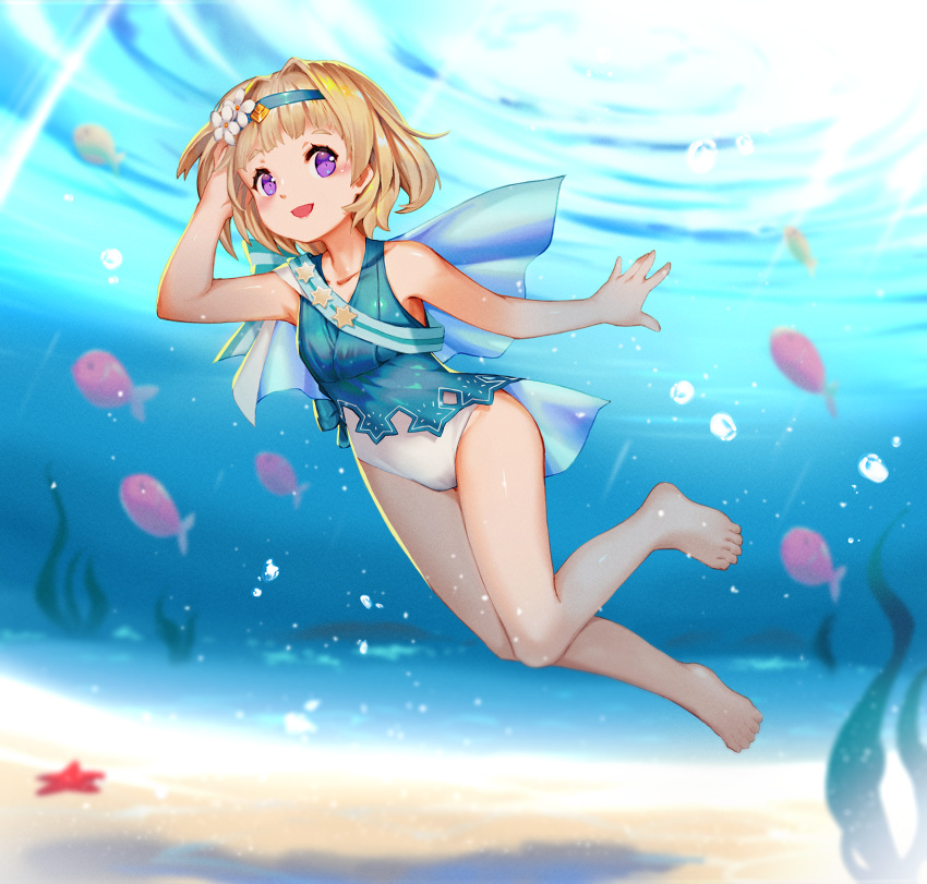 1girl :d air_bubble bare_shoulders blonde_hair blue_swimsuit bluesnail bubble casual_one-piece_swimsuit collarbone female_child fire_emblem fire_emblem_heroes fish freediving hand_in_own_hair highres looking_at_viewer official_alternate_costume one-piece_swimsuit open_mouth purple_eyes short_hair smile solo star_(symbol) submerged swimming swimsuit tiara underwater water white_swimsuit ylgr_(fire_emblem)