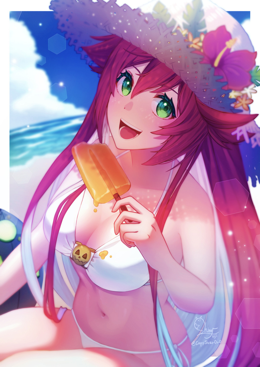 1girl bangs bare_shoulders bikini blue_sky breasts cloud cloudy_sky commentary_request day flower food green_eyes guilty_gear guilty_gear_strive hat hibiscus highres holding holding_food jack-o'_valentine light_particles long_hair looking_at_viewer medium_breasts multicolored_hair navel ocean open_mouth outdoors popsicle red_hair shiny shiny_skin signature simple_background sky smile stomach straw_hat suesuguru sunlight swimsuit thighs two-tone_hair water white_bikini white_hair