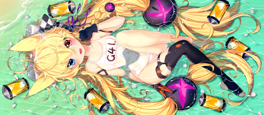 1girl animal_ears arm_at_side bangs beach blonde_hair blue_eyes blush bow fang from_above full_body g41_(girls'_frontline) girls'_frontline gloves hair_between_eyes hair_bow hair_ornament hand_up heterochromia highres jjickjjicke leg_up long_hair looking_at_viewer lying on_back open_mouth partially_submerged red_eyes school_swimsuit single_thighhigh smile solo swimsuit thighhighs very_long_hair white_swimsuit