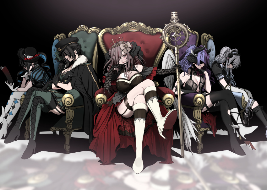 5girls absurdres alternate_costume alternate_hairstyle ass breasts cleavage crossed_arms crossed_legs crown curled_horns dark_persona demon_horns elbow_gloves eyepatch eyes_in_shadow feathered_wings full_body garter_straps gloves gothic_lolita hair_over_one_eye hat highres horns idolmaster idolmaster_shiny_colors l'antica_(idolmaster) lace-trimmed_gloves lace_trim large_breasts lolita_fashion looking_at_viewer maou_(demonlord) mitsumine_yuika multiple_girls on_chair parted_lips peaked_cap reflection reflective_floor shirase_sakuya sitting staff tanaka_mamimi telekinesis thorns tsukioka_kogane wings yukoku_kiriko