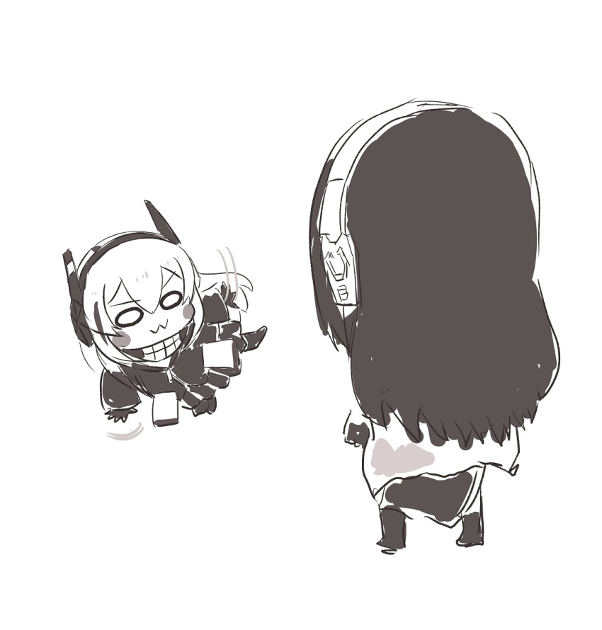 2girls :3 bangs black_jacket chibi chika_(keiin) dancing from_behind full_body girls'_frontline gloves greyscale hair_between_eyes headgear headphones highres jacket long_hair long_sleeves looking_at_another m4_sopmod_ii_jr m4a1_(girls'_frontline) monochrome multicolored_hair multiple_girls simple_background smile streaked_hair white_background