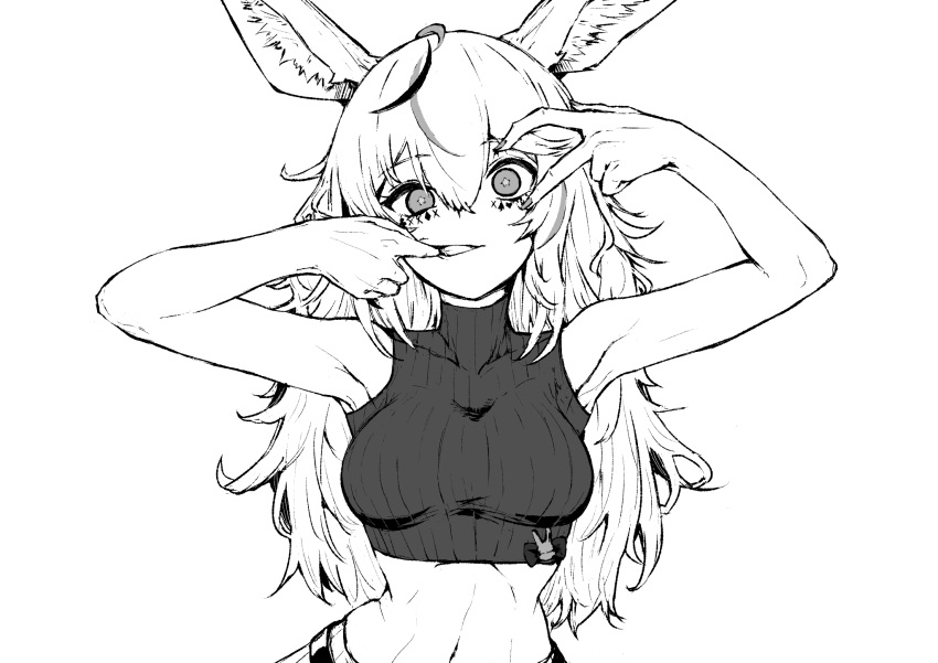 1girl animal_ear_fluff animal_ears bangs breasts cropped_sweater facial_mark fox_ears greyscale hair_between_eyes highres hololive long_hair looking_at_viewer medium_breasts midriff monochrome mouth_pull multicolored_hair not_nodu omaru_polka simple_background sleeveless sleeveless_turtleneck solo star-shaped_pupils star_(symbol) streaked_hair sweater symbol-shaped_pupils turtleneck turtleneck_sweater virtual_youtuber white_background