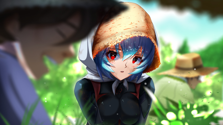 1girl absurdres ayanami_rei blue_hair blurry blush botttomtext breasts brown_hair cowboy_shot depth_of_field evangelion:_3.0+1.0_thrice_upon_a_time hat highres looking_at_another medium_breasts neon_genesis_evangelion parted_lips plugsuit rebuild_of_evangelion red_eyes shirt short_hair smile solo_focus squatting straw_hat teeth upper_body upper_teeth v_arms white_shirt
