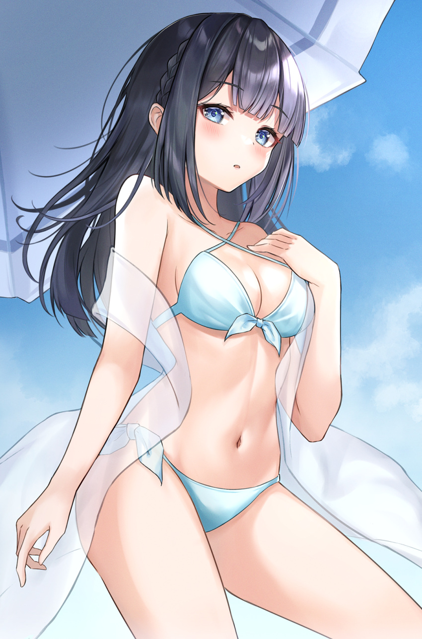 1girl armpit_crease armpits atychi bikini black_hair blue_eyes blush braid breasts hand_on_own_chest highres long_hair looking_at_viewer makinohara_shouko medium_breasts navel parasol seishun_buta_yarou swimsuit thighs umbrella