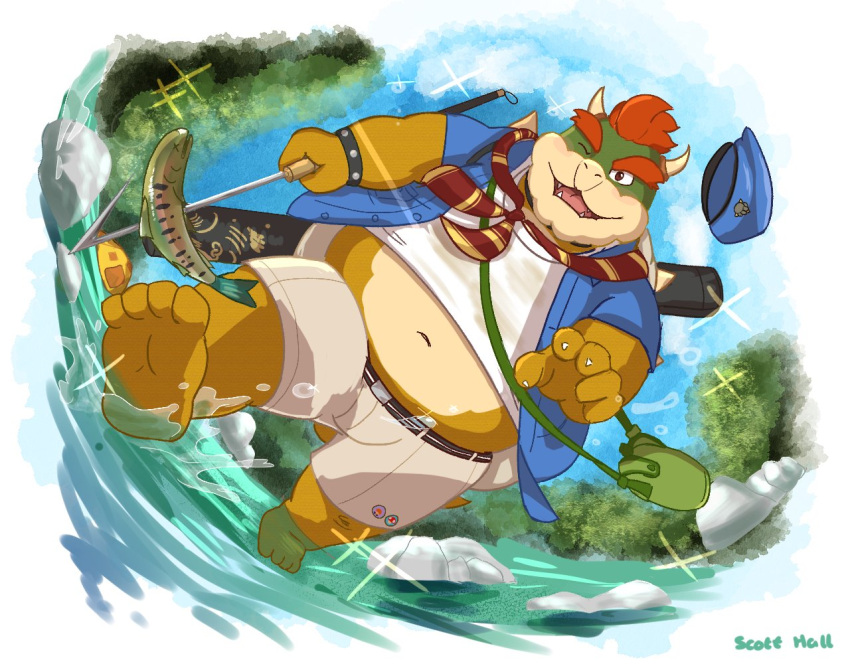 anthro belly bottomwear bowser clothing cosplay fish hair horn koopa lifewonders male marine mario_bros moritaka navel nintendo one_eye_closed overweight red_hair scalie scott_ahall shorts solo spearfishing tokyo_afterschool_summoners video_games wink