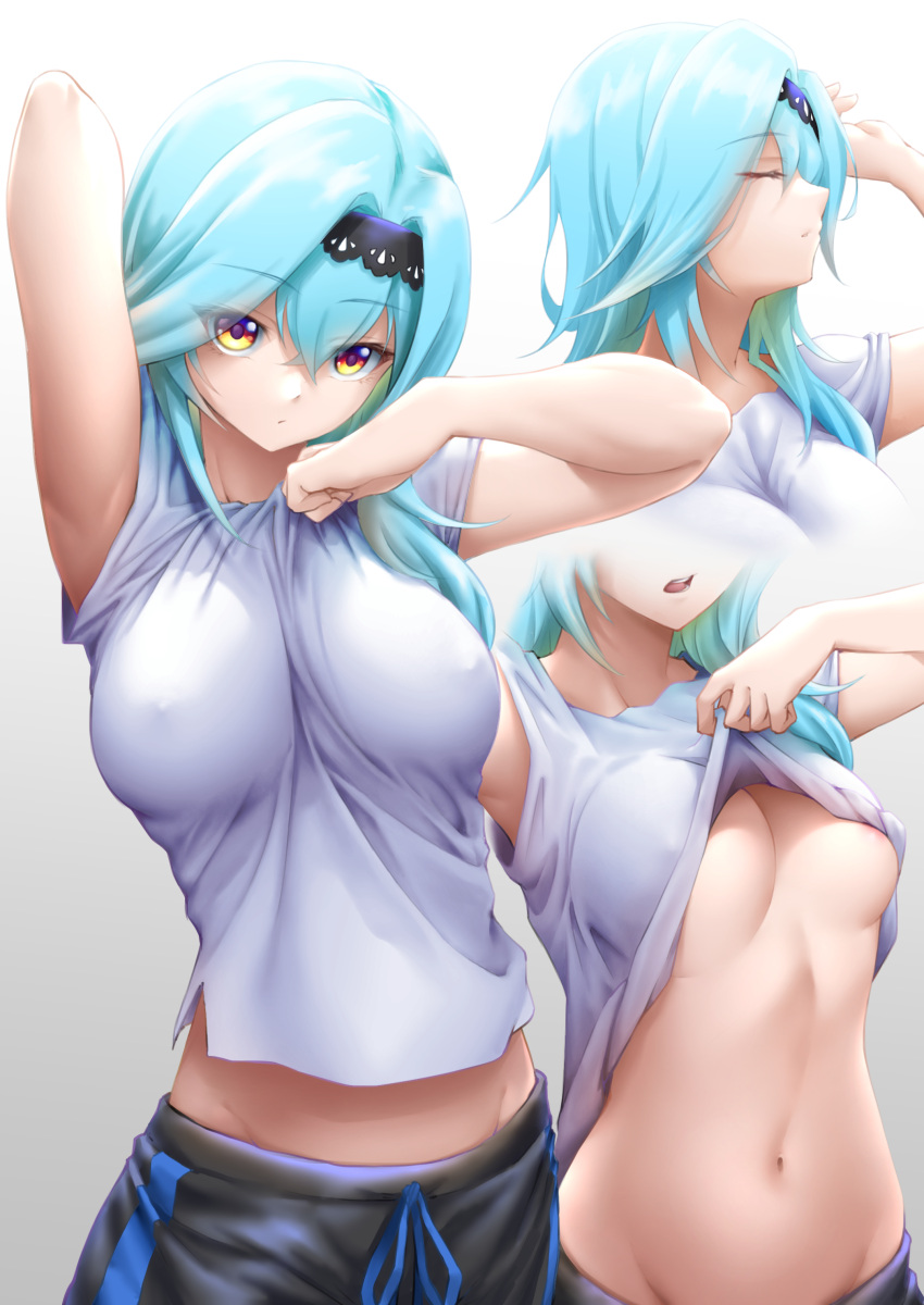 1girl :/ absurdres alternate_costume aqua_hair areola_slip arm_up armpits arms_up bangs bare_arms between_breasts black_hairband breasts breasts_apart casual closed_eyes closed_mouth clothes_between_breasts clothes_lift collarbone covered_nipples cowboy_shot crossed_bangs dated drawstring eula_(genshin_impact) genshin_impact gradient gradient_background gradient_eyes grey_background groin hair_between_eyes hair_intakes hairband highres large_breasts lifted_by_self long_hair looking_at_viewer lowleg lowleg_pants medium_hair midriff midriff_peek multicolored_eyes multiple_views navel no_bra open_mouth pants profile projected_inset revision royboy shirt shirt_lift short_sleeves sidelocks stomach striped sweatpants t-shirt tsurime underboob vertical_stripes white_background white_shirt yellow_eyes