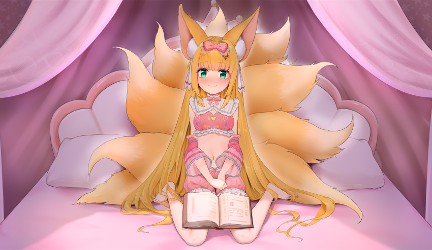 9_tails absurd_res animal_humanoid barefoot bed big_ears blonde_hair blush book bottomwear bow_tie bowl_cut canid canid_humanoid canine canine_humanoid clothing ear_piercing ear_ring feet female fluffy fluffy_tail fox_humanoid fox_spirit fur furniture green_eyes hair hi_res humanoid inner_ear_fluff inoue_aosora lace_bra lace_panties long_hair mammal mammal_humanoid multi_tail navel orange_body orange_fur piercing ring_piercing shorts sitting sleeve smile smiley_face solo tuft vtuber wariza xiaomu314