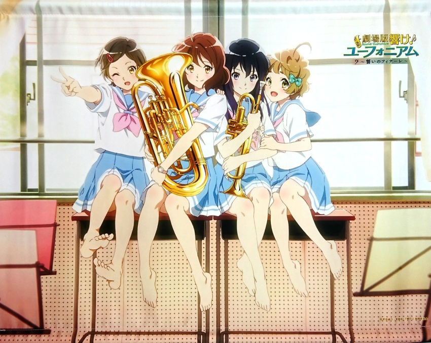 4girls :d artist_request bangs barefoot black_hair blonde_hair blue_sailor_collar blue_skirt blush bow brown_eyes brown_hair closed_mouth curtains desk euphonium green_eyes hair_bow hair_ornament hairclip hand_up hands_up hibike!_euphonium holding holding_instrument indoors instrument katou_hazuki kawashima_sapphire kitauji_high_school_uniform kousaka_reina long_hair looking_at_viewer multiple_girls music_stand neckerchief official_art open_mouth oumae_kumiko outstretched_arm pink_neckerchief pleated_skirt purple_eyes sailor_collar scan school_uniform serafuku shirt short_hair short_sleeves sitting skirt smile tapestry trumpet uniform v white_shirt window