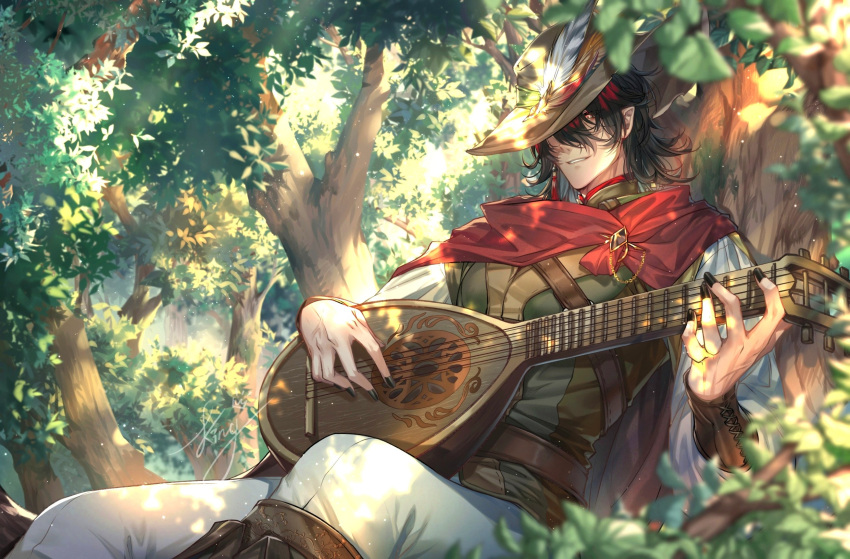 1boy bangs black_hair black_nails blurry blurry_foreground branch brown_headwear cape commentary cross-laced_clothes day depth_of_field earrings english_commentary feathers fingernails forest green_shirt guitar hair_between_eyes hat hat_feather highres holding holding_instrument instrument jewelry kingchenxi leaf light_particles long_hair long_sleeves looking_at_viewer male_focus multicolored_hair music nail_polish nature nijisanji nijisanji_en outdoors pants parted_lips playing_instrument red_cape red_hair shirt sidelocks signature single_earring sitting smile solo tassel tassel_earrings tree virtual_youtuber vox_akuma white_pants yellow_eyes