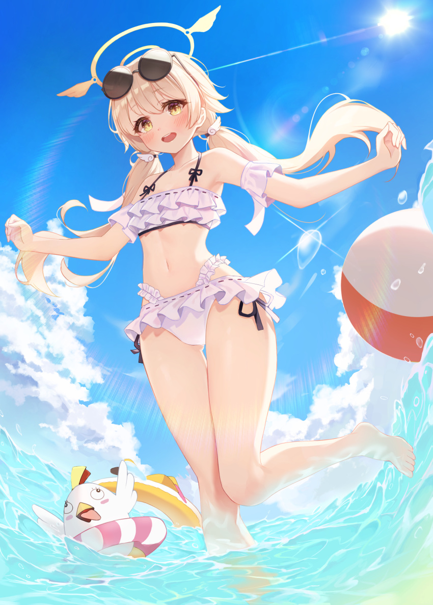 1girl :d absurdres barefoot bikini blue_archive blue_sky blush detached_sleeves eyewear_on_head frilled_bikini frills hair_flaps hifumi_(blue_archive) hifumi_(swimsuit)_(blue_archive) highres lens_flare light_brown_hair looking_at_viewer low_twintails multi-strapped_bikini ocean official_alternate_costume okey open_mouth peroro_(blue_archive) ribbon-trimmed_bikini round_eyewear short_sleeves sky smile solo sunglasses swimsuit teeth twintails upper_teeth wading white_bikini yellow_eyes