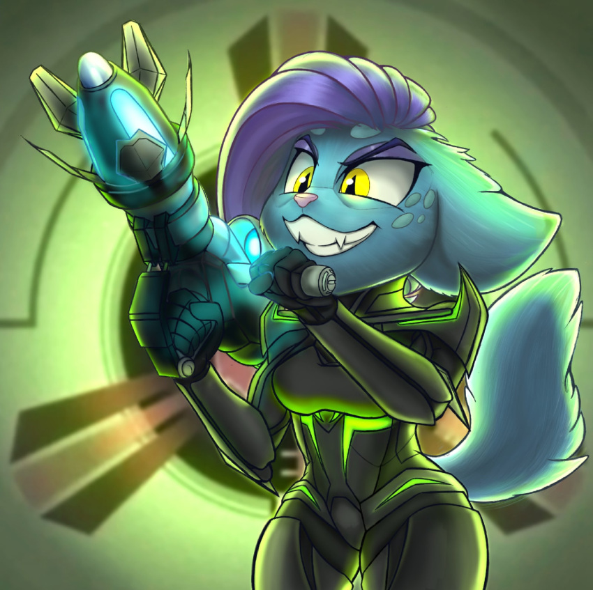 anthro armor breasts clothed clothing fan_character female female/female fur hair hi_res lombax mammal ratchet_and_clank smile solo sony_corporation sony_interactive_entertainment unknown_artist video_games weapon