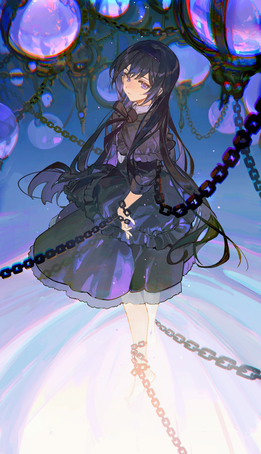 1girl absurdres akemi_homura bangs black_bow black_dress black_hair blue_background bow bowtie chain chained ciloranko closed_mouth collared_shirt crystal dress floating frilled_dress frills full_body hairband highres layered_dress layered_skirt light_frown light_rays long_hair looking_away looking_back mahou_shoujo_madoka_magica multicolored_hair night night_sky puffy_dress purple_eyes purple_hair purple_hairband shiny shiny_hair shirt short_sleeves skirt sky solo standing very_long_hair white_shirt