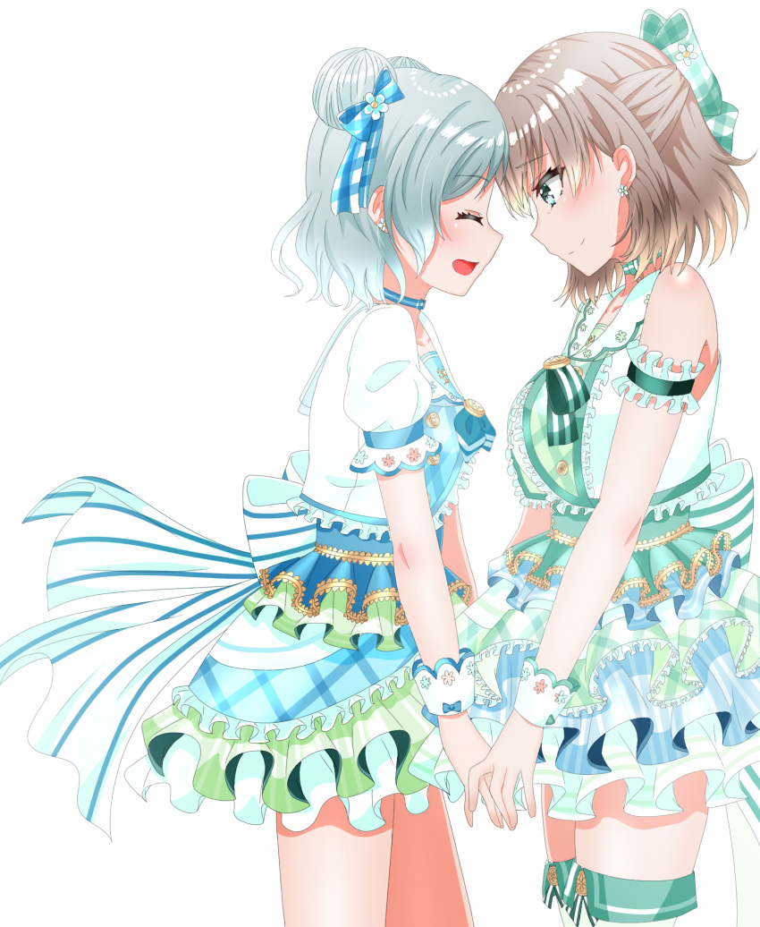 2girls armband back_bow bang_dream! blue_bow blue_choker blue_dress bow brown_hair choker closed_eyes commentary cowboy_shot double_bun dress earrings facing_another frilled_armband frilled_dress frills green_bow green_dress grey_hair hair_bow hair_bun highres hikawa_hina holding_hands idol jewelry large_bow layered_dress looking_at_another multiple_girls open_mouth short_dress short_hair simple_background sleeveless sleeveless_dress smile standing tanutika tearing_up thighhighs white_background white_thighhighs wrist_cuffs yamato_maya yuri
