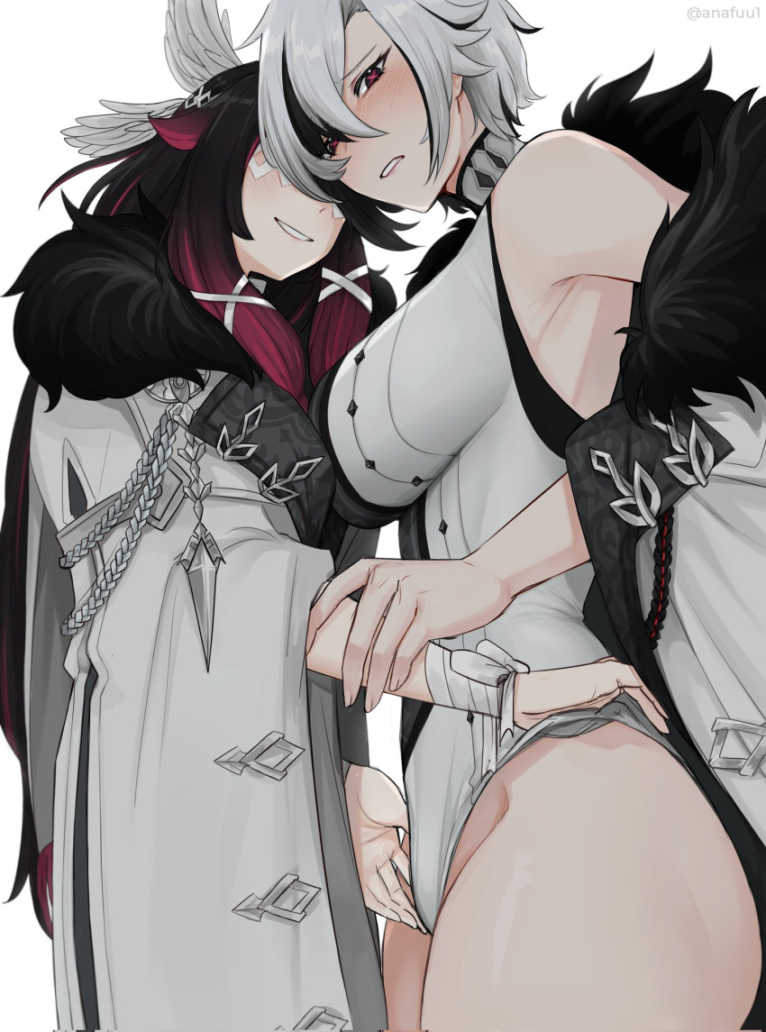 2girls anafuu arlecchino_(genshin_impact) bare_shoulders black_hair blush breasts clenched_teeth closed_eyes coat columbina_(genshin_impact) eye_mask fur_trim genshin_impact groin hair_ornament highres large_breasts leotard long_hair multicolored_hair multiple_girls off_shoulder pink_hair short_hair sidelocks simple_background smile symbol-shaped_pupils teeth two-tone_hair white_background white_coat white_hair white_leotard x_hair_ornament yuri