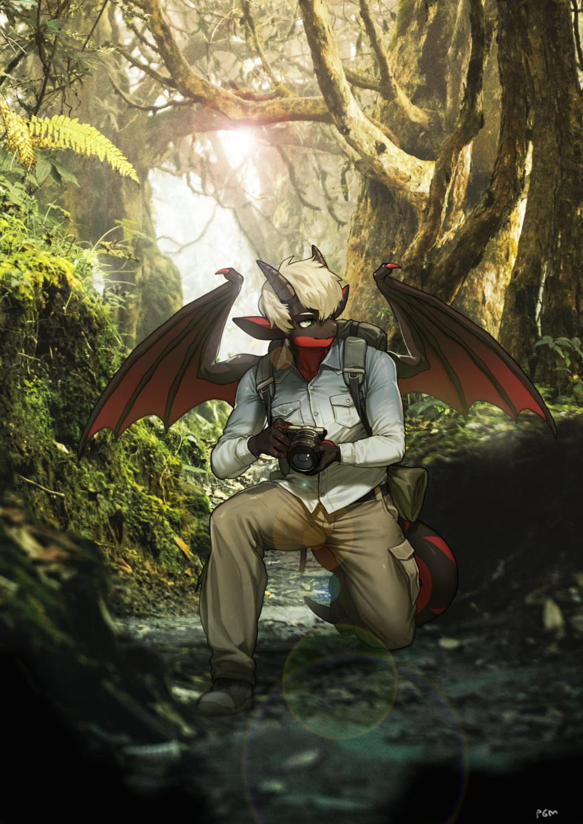 2022 absurd_res anthro bottomwear camera clothing dirt dragon edit footwear hi_res horn long_sleeves male pants pgm300 photo_background photo_manipulation plant plantigrade scalie shirt shoes solo topwear tree