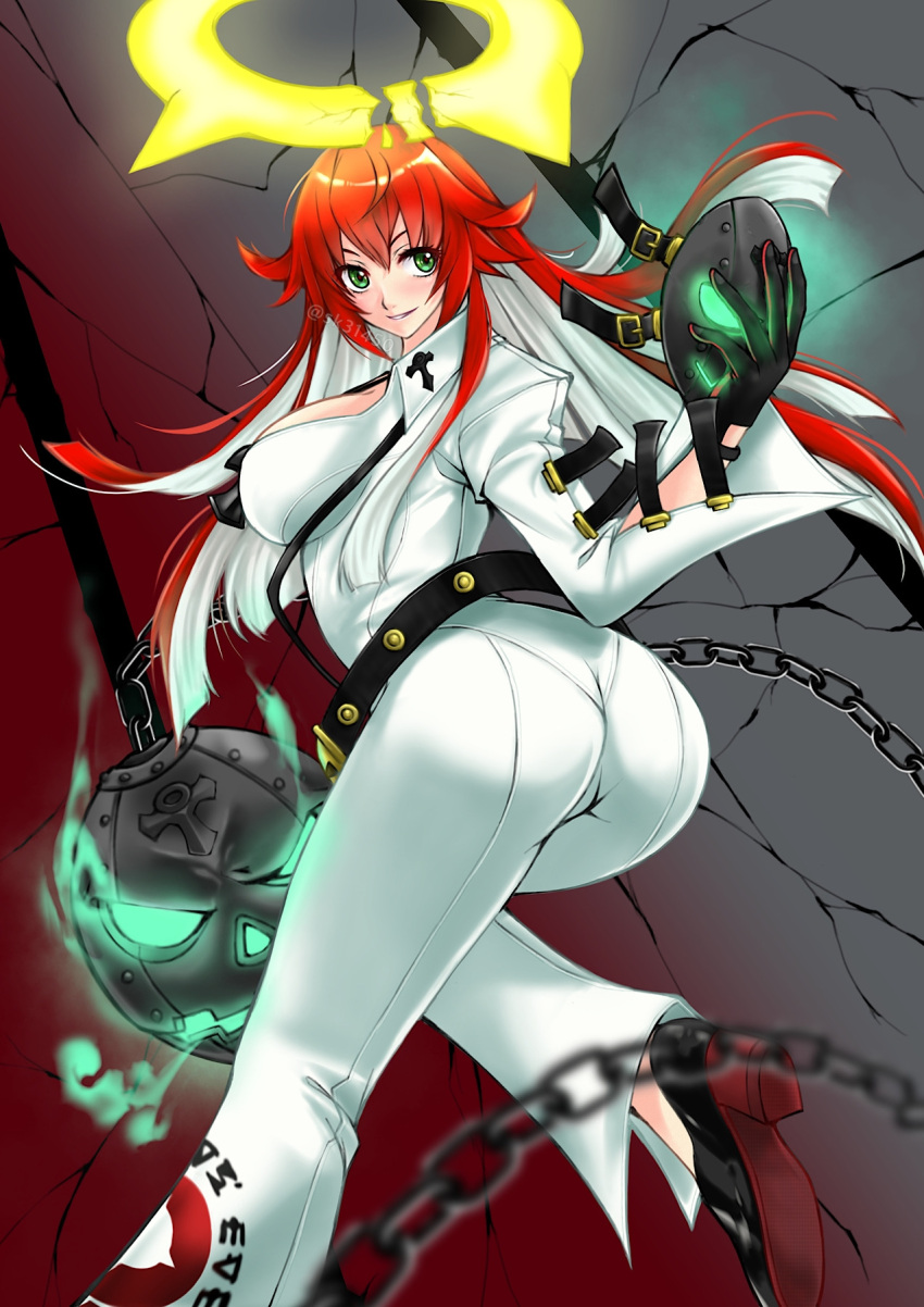 1girl ankh ankh_necklace ass ball_and_chain_restraint bangs belt blush bodysuit breasts broken_halo chain commentary_request floating floating_object gloves green_eyes guilty_gear guilty_gear_strive halo high_heels highres holding jack-o'_valentine large_breasts long_hair long_sleeves looking_back mask multicolored_hair parted_lips red_hair shiny shiny_hair shoes simple_background sk_(sk-g) skin_tight smile watermark