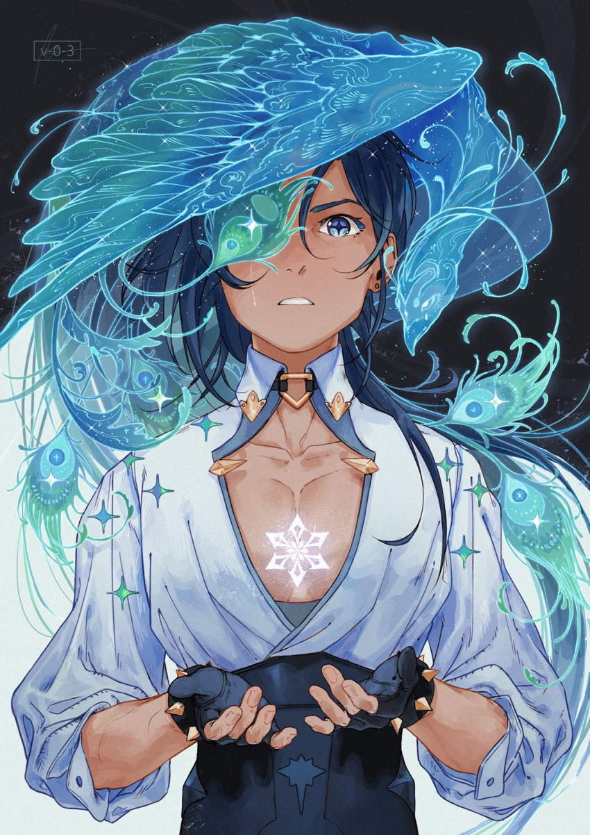 1boy bird black_gloves black_pants blue_eyes blue_hair dark-skinned_male dark_skin earrings fingerless_gloves genshin_impact gloves hair_between_eyes hair_over_shoulder highres jewelry kaeya_(genshin_impact) long_hair long_sleeves looking_at_viewer male_focus one_eye_covered open_clothes open_shirt own_hands_together pants parted_lips peacock peacock_feathers pectorals ponytail puffy_long_sleeves puffy_sleeves shirt single_earring sleeves_rolled_up solo spiked_gloves upper_body vizerothree white_shirt