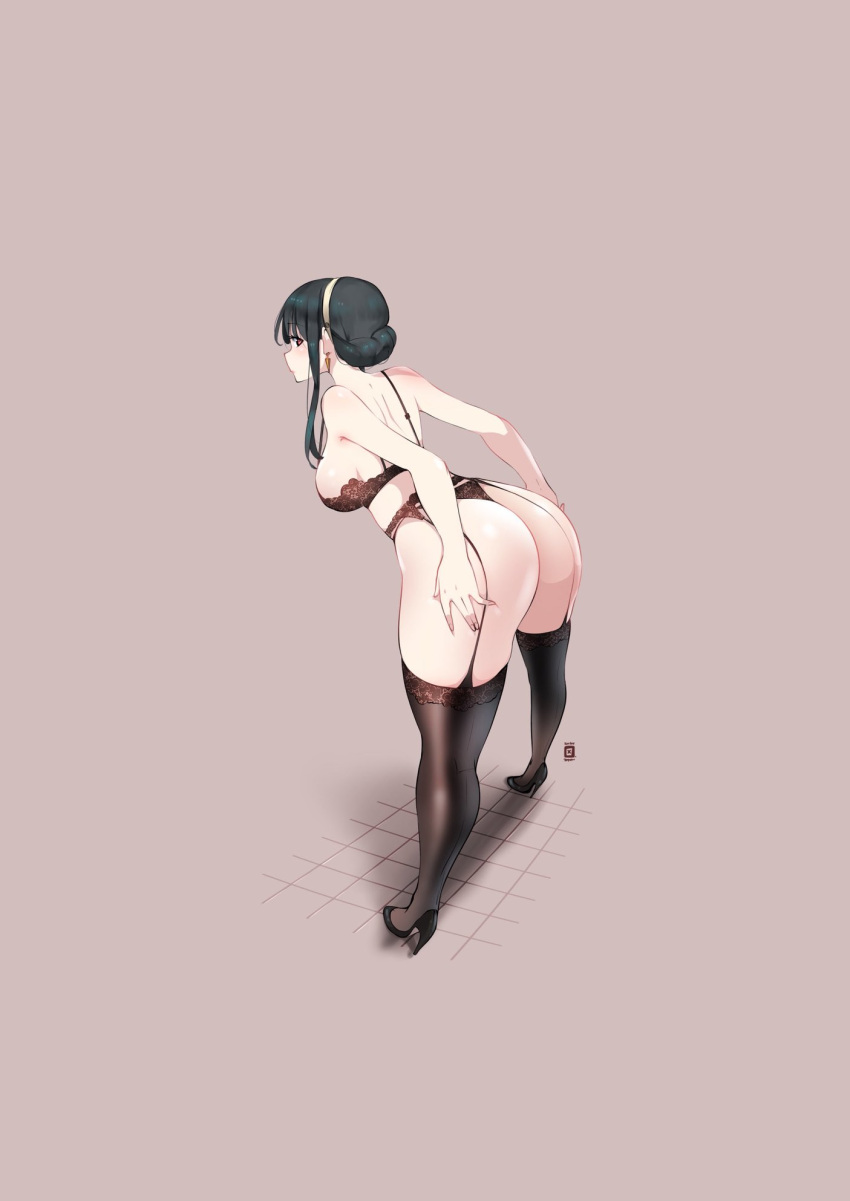 1girl ass bent_over breasts garter_belt garter_straps hairband high_heels highres huge_ass kenron_toqueen lingerie looking_at_viewer looking_back medium_breasts simple_background solo spy_x_family thighhighs thong underwear yor_briar