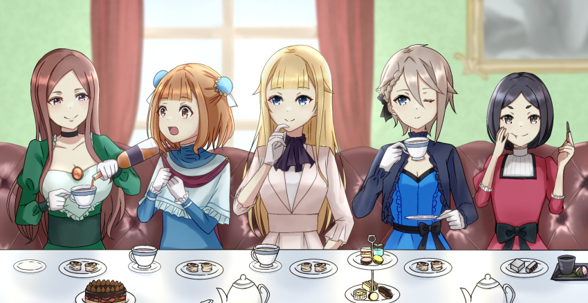 5girls :d alcohol ange_(princess_principal) beatrice_(princess_principal) black_bow black_choker black_hair blonde_hair blue_dress blue_eyes blurry blurry_background bow braid breasts brown_eyes bun_cover choker cleavage cup dddomatesu dessert dorothy_(princess_principal) double_bun dress food gloves hair_bun highres indoors long_hair long_sleeves macaron medium_breasts multiple_girls one_eye_closed plate princess_(princess_principal) princess_principal red_dress short_hair sitting small_breasts smile teacup teapot toudou_chise white_gloves window