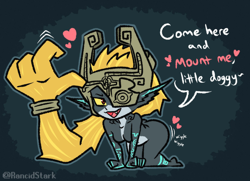 &lt;3 2022 all_fours armor beckoning blonde_hair butt dialogue english_text female front_view gesture hair headgear headgear_only helmet helmet_only hi_res humanoid imp inviting looking_at_viewer midna nintendo not_furry one_eye_obstructed open_mouth presenting presenting_hindquarters rancidstark shaking_butt solo talking_to_viewer text the_legend_of_zelda twili twilight_princess video_games wiggle