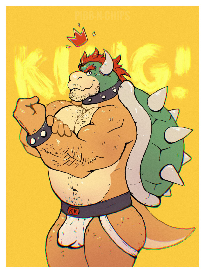 2022 anthro arm_hair barazoku belly biceps big_bulge big_muscles body_hair border bowser bracelet bulge chest_hair clothing collar crown detailed_bulge english_text eyebrows facial_hair flexing hair happy_trail hi_res horn jewelry jockstrap king koopa looking_at_viewer male mario_bros musclegut muscular muscular_anthro muscular_male navel nintendo pecs pubes rooinks royalty scalie shell simple_background smile solo spiked_bracelet spiked_collar spiked_shell spikes spikes_(anatomy) standing stubble text underwear video_games white_border yellow_background