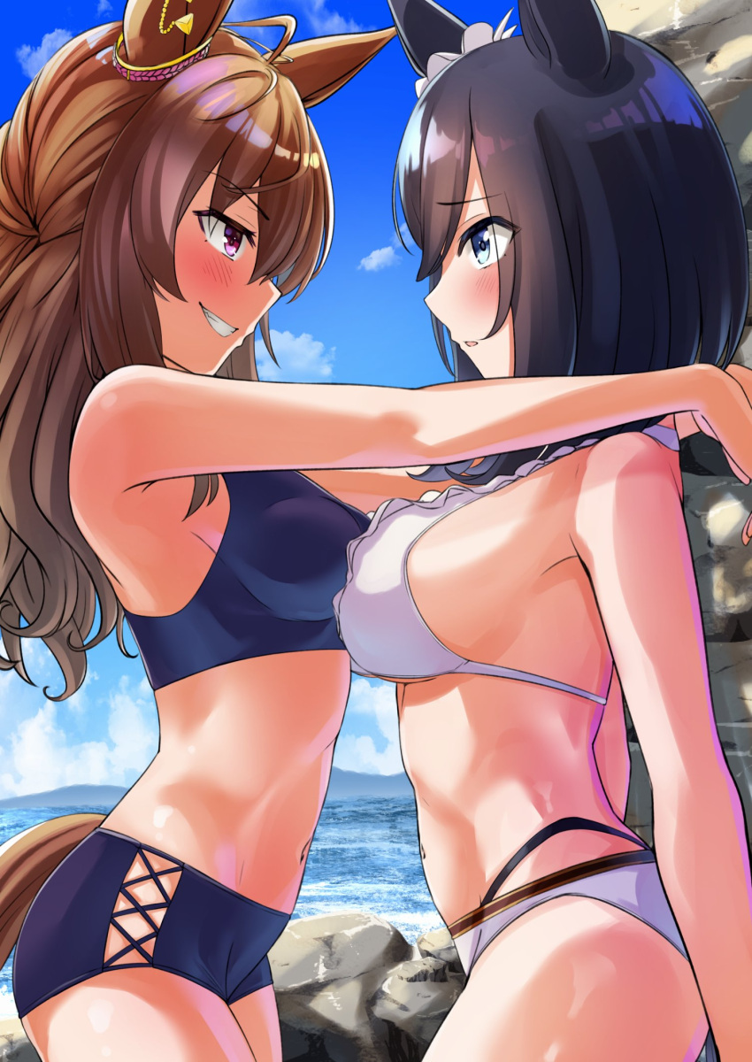 2girls ahoge animal_ears arms_around_neck arms_at_sides asymmetrical_docking bangs bikini bikini_shorts black_bikini black_hair blue_eyes blush breast_press breasts brown_hair cloud cowboy_shot eishin_flash_(umamusume) eye_contact grin herohero_(higashi_no_dou) highres horse_ears horse_girl horse_tail long_hair looking_at_another medium_breasts medium_hair multiple_girls nakayama_festa_(entrust_myself_to_the_dice)_(umamusume) nakayama_festa_(umamusume) navel ocean outdoors parted_lips purple_eyes rock shorts sideways_mouth small_breasts smile swimsuit tail umamusume water white_bikini