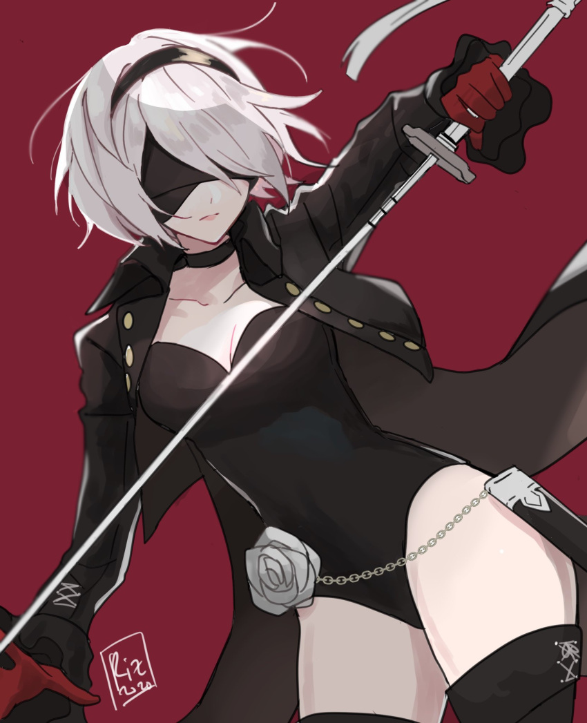 1girl black_blindfold black_hairband black_jacket black_leotard blindfold boots bow bowtie breasts chain choker cleavage cosplay cropped_jacket dinikee dutch_angle gloves grey_hoodie grey_rose hair_over_one_eye hairband highres hood hoodie jacket katana leotard medium_hair nier_(series) nier_automata red_bow red_bowtie red_gloves signature solo sword thigh_boots thighs weapon yorha_no._2_type_b yoshizawa_kasumi yoshizawa_kasumi_(cosplay)