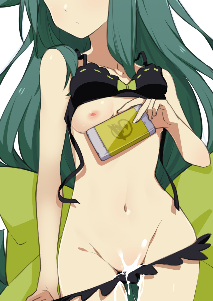 1girl black_bra black_panties bra bra_lift cum gatchaman_crowds green_hair groin head_out_of_frame highres holding long_hair miya_utsutsu morisobo navel nipples one_breast_out panties panty_pull simple_background solo underwear very_long_hair white_background