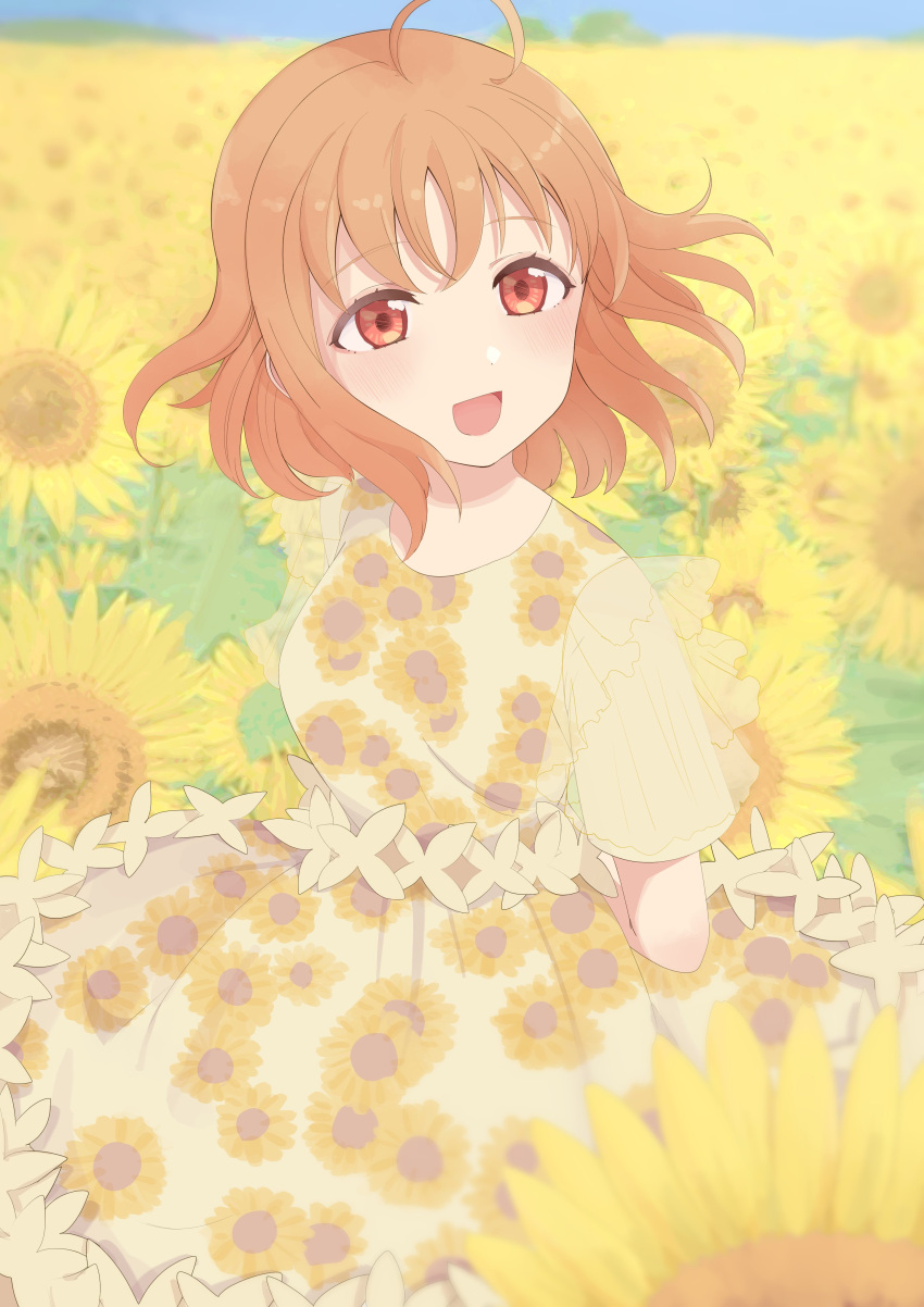 1girl absurdres ahoge bangs birthday blue_sky blush breasts commentary cream_(nipakupa) dress floral_print flower highres love_live! love_live!_sunshine!! medium_breasts orange_hair red_eyes short_hair sidelocks sky solo sunflower sunflower_print takami_chika yellow_dress