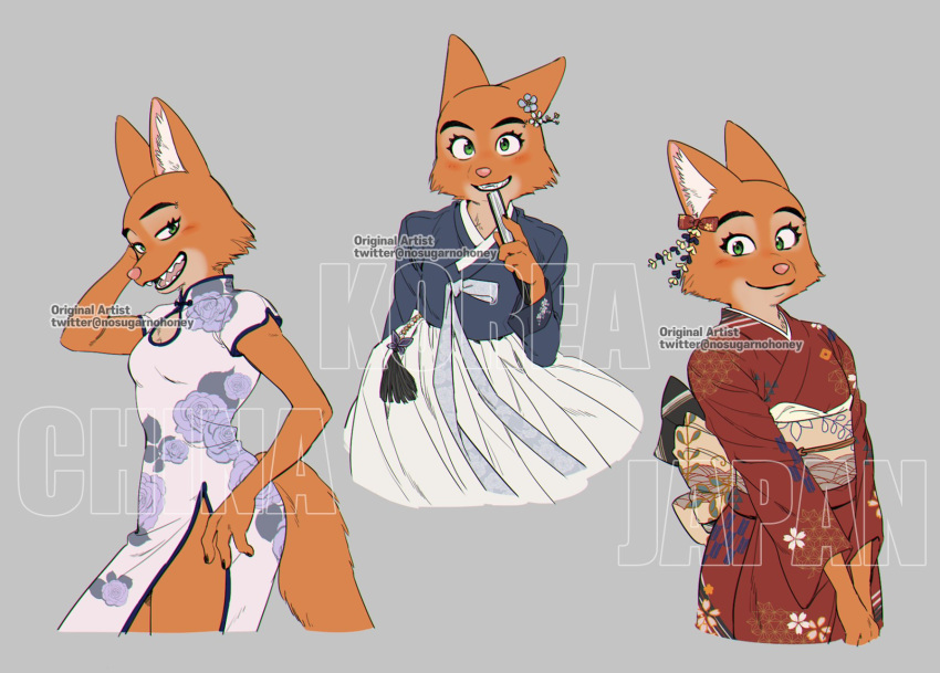 anthro canid canine clothed clothing diane_foxington dreamworks dress eyebrow_piercing facial_piercing female fox fur green_eyes hi_res mammal nosugarnohoney orange_body orange_fur piercing simple_background smile solo the_bad_guys