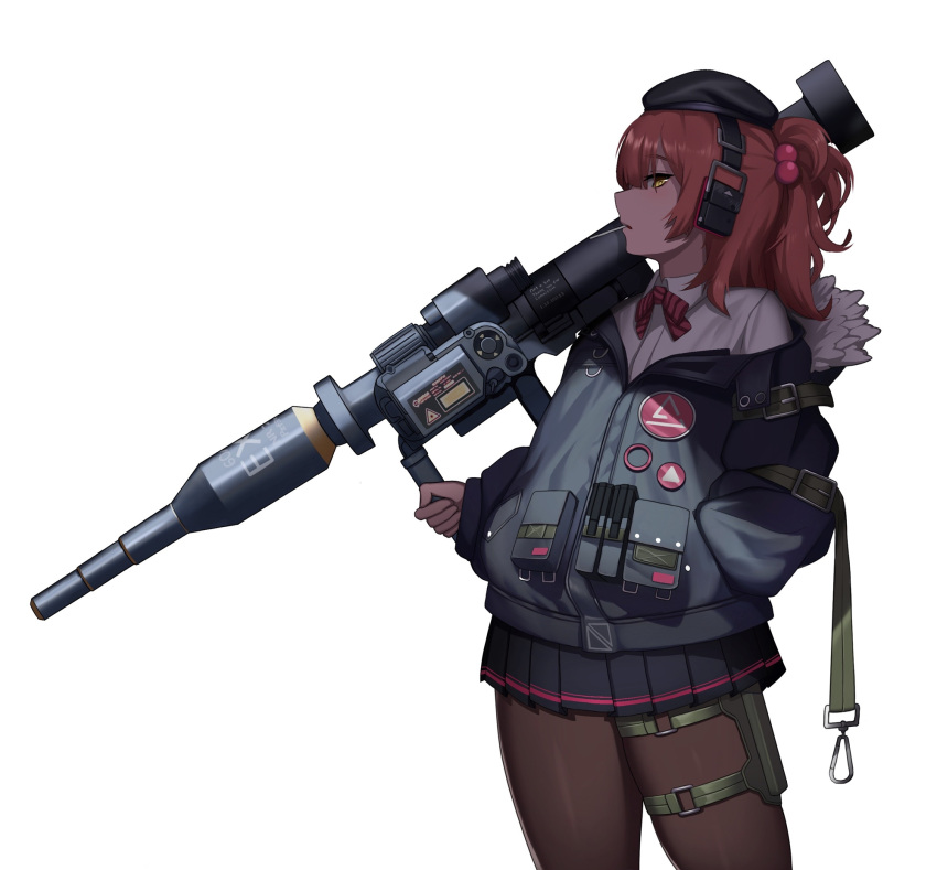 1girl beret black_skirt breasts candy cero_(last2stage) commission earphones food fur-trimmed_hood fur-trimmed_jacket fur_trim girls'_frontline hat highres holding holding_candy holding_food hood jacket leg_holster lollipop looking_at_viewer medium_hair mp7_(girls'_frontline) one_side_up pantyhose panzerfaust_3 red_hair rocket_launcher shirt simple_background skirt small_breasts smile solo tactical_clothes weapon white_background white_shirt yellow_eyes
