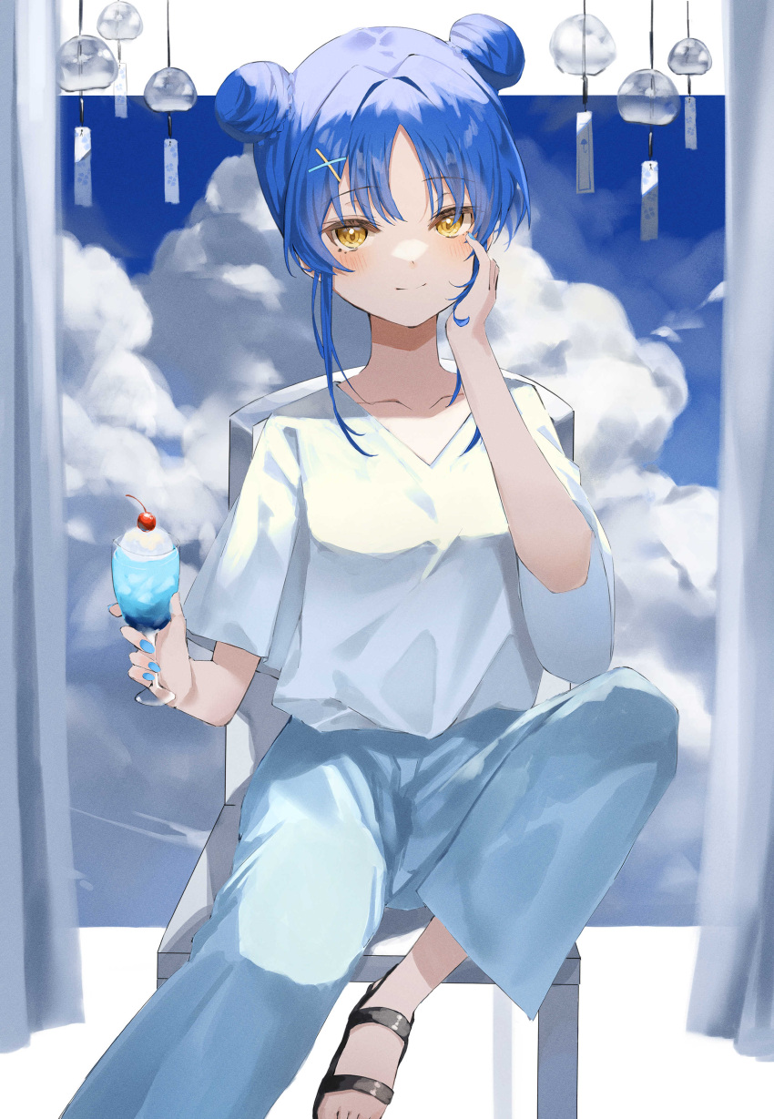 1girl absurdres alternate_costume amamiya_kokoro black_footwear blue_hair blue_hawaii blue_nails blue_pants blush border cloud cup curtains double_bun drinking_glass hair_bun highres looking_at_viewer nail_polish nijisanji pants sandals shirt shirt_tucked_in short_hair sky smile solo sutei_(arece15) t-shirt toeless_footwear virtual_youtuber white_background white_shirt yellow_eyes