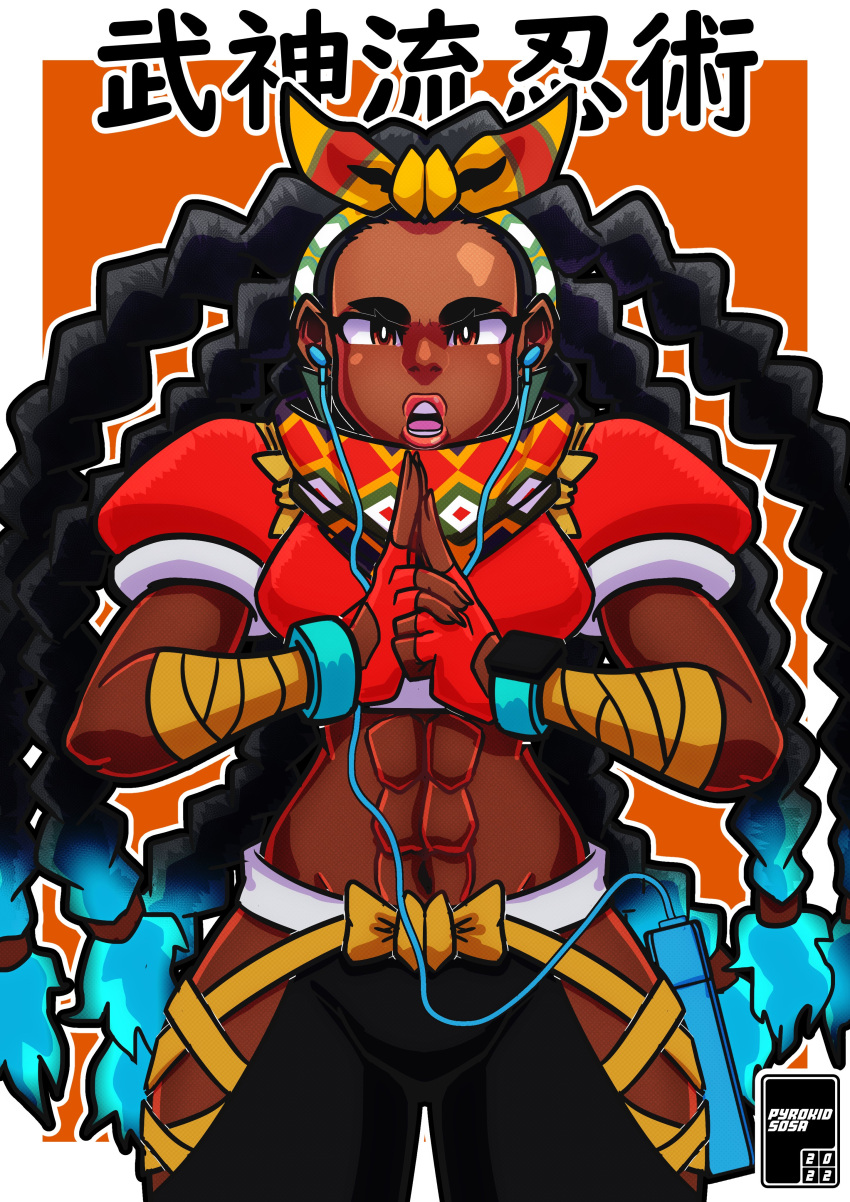 1girl 2022 abs absurdres arm_wrap artist_name black_hair blue_hair border bow bow_hairband breasts brown_eyes colored_tips cropped_jacket dark-skinned_female dark_skin earbuds earphones earrings english_commentary fingerless_gloves forehead gloves hairband highres hip_vent jacket jewelry kimberly_(street_fighter) long_hair lowleg lowleg_pants midriff multicolored_hair navel ninja orange_background outside_border palms_together pants pose pyrokid_sosa quad_braids red_gloves red_jacket red_lips scarf small_breasts smartwatch solo standing street_fighter street_fighter_6 symmetry thick_eyebrows thick_thighs thighs translation_request triangle_earrings two-tone_hair very_dark_skin walkman watermark white_border yellow_bow