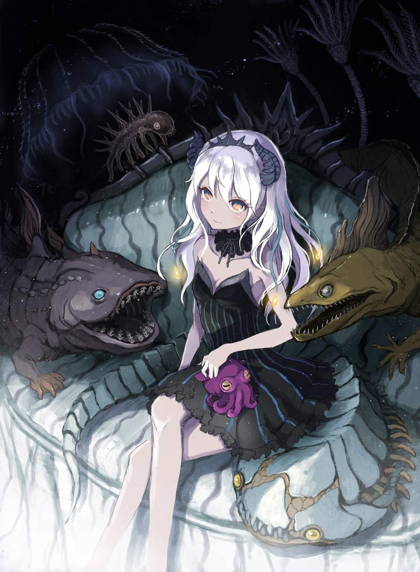 1girl bangs bare_arms bare_legs black_choker black_dress breasts brown_eyes choker cleavage closed_mouth collarbone crossed_legs diadem dragon_girl dress grey_ribbon hair_between_eyes highres horns long_hair original shiny shiny_hair short_dress sitting sketch small_breasts solo strapless strapless_dress ume_(illegal_bible) white_hair