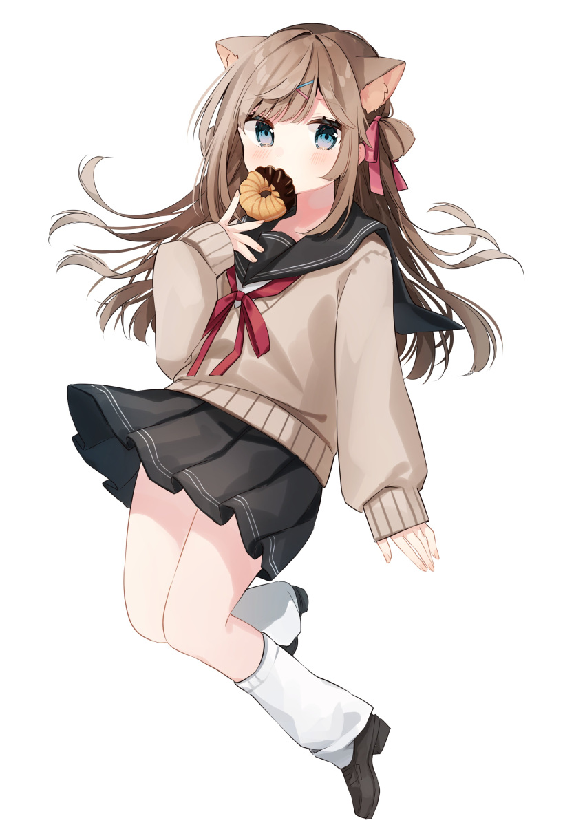 1girl absurdres animal_ear_fluff animal_ears brown_hair brown_sweater cat_ears cat_girl cookie eating food full_body heripiro highres long_hair long_sleeves looking_at_viewer miniskirt original pleated_skirt sailor_collar school_uniform skirt sleeves_past_wrists sweater