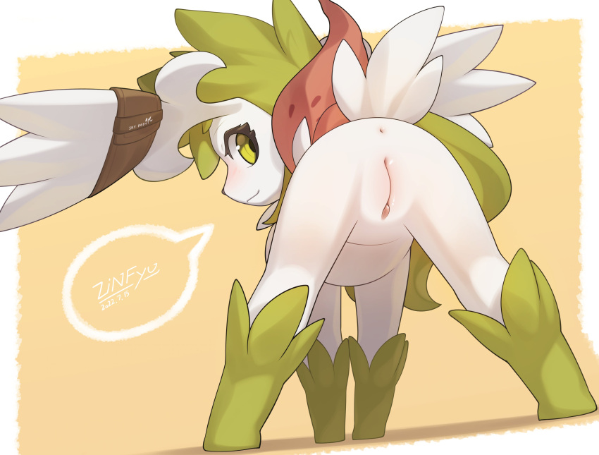 absurd_res anus butt female feral genitals hi_res legendary_pok&eacute;mon looking_at_viewer nintendo pok&eacute;mon pok&eacute;mon_(species) pussy rear_view shaymin sky_forme_shaymin solo video_games white_body zinfyu