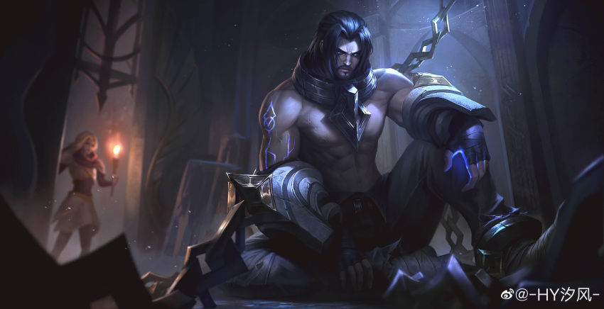 1boy 1girl abs absurdres beard black_hair character_request dark facial_hair fingerless_gloves frown full_body gloves highres hyxifeng league_of_legends looking_at_viewer lux_(league_of_legends) male_focus mature_male muscular muscular_male mustache navel night nipples pants pectorals short_hair sidelocks stomach sylas_(league_of_legends) topless_male