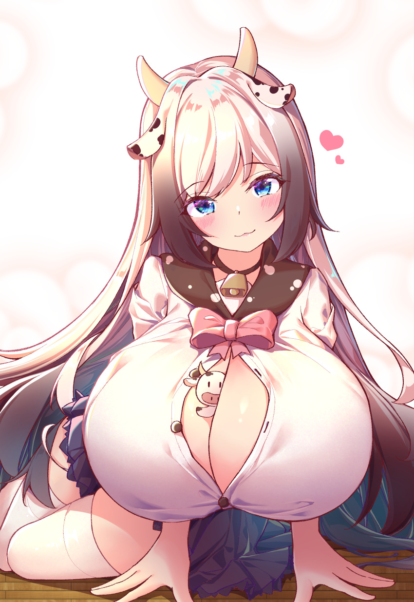 1girl absurdres animal_ears arm_support bangs bell blue_eyes blush bow bowtie breasts button_gap cleavage closed_mouth cow_ears cow_girl cow_horns cowbell heart highres hikotou_(sao73cat) horns huge_breasts long_hair looking_at_viewer sailor_collar sailor_shirt shirt smile thighhighs uniform