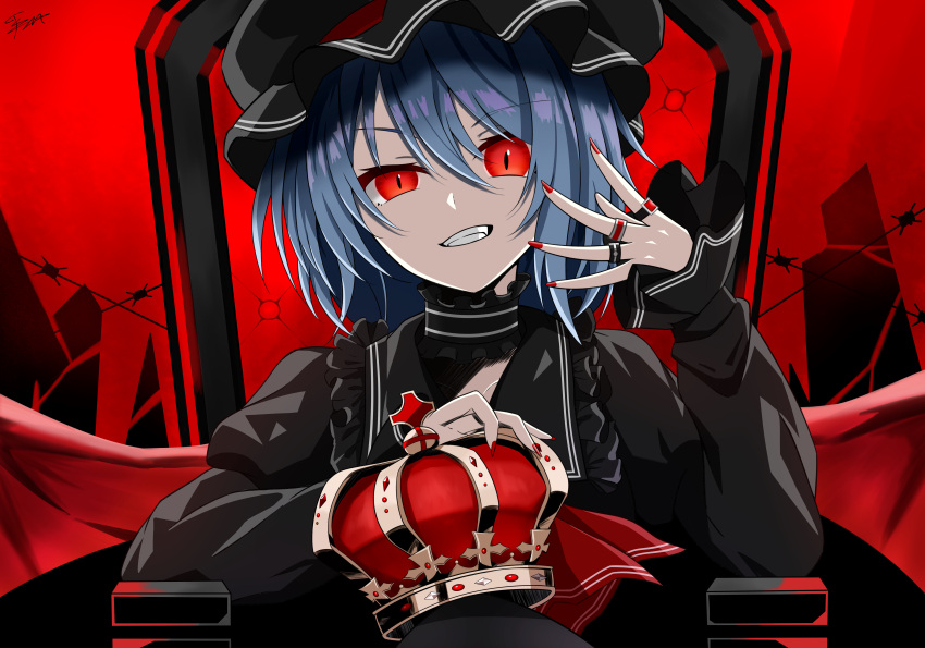 1girl absurdres bangs barbed_wire bat_wings black_headwear blue_hair chair crown crown_removed english_commentary fingernails grin hat highres holding holding_crown jewelry king_(vocaloid) long_fingernails long_sleeves looking_at_viewer mob_cap red_background red_eyes red_nails red_wings remilia_scarlet ring short_hair smile solo teru_(teru170) touhou upper_body vampire wings