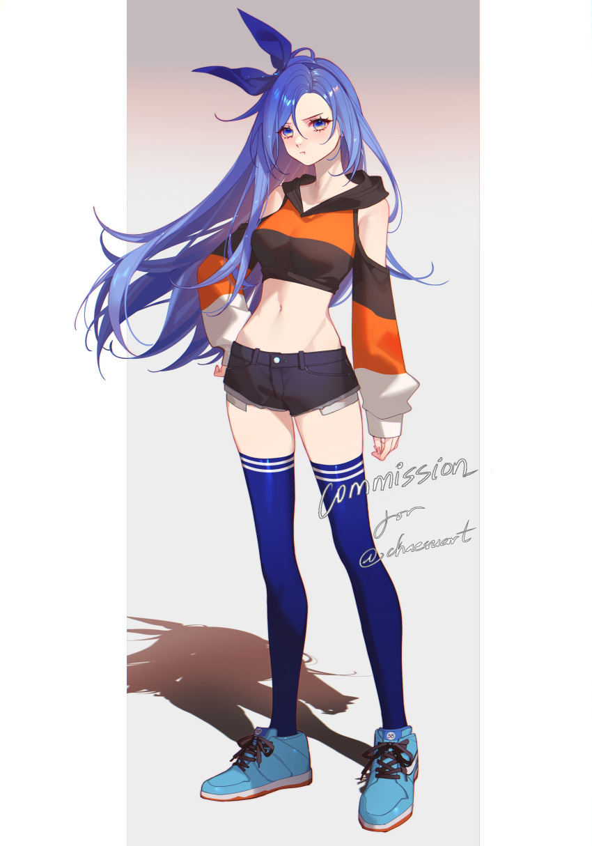1girl :t absurdres black_shorts blue_footwear blue_hair blue_hairband blue_thighhighs blush breasts clothing_cutout commission crop_top detached_sleeves english_commentary hair_between_eyes hairband highres hood hood_down jesse_(pixiv34586727) long_hair long_sleeves looking_at_viewer medium_breasts midriff minah_(chaesu) original pout shadow shoes short_shorts shorts shoulder_cutout simple_background sneakers solo standing thighhighs very_long_hair