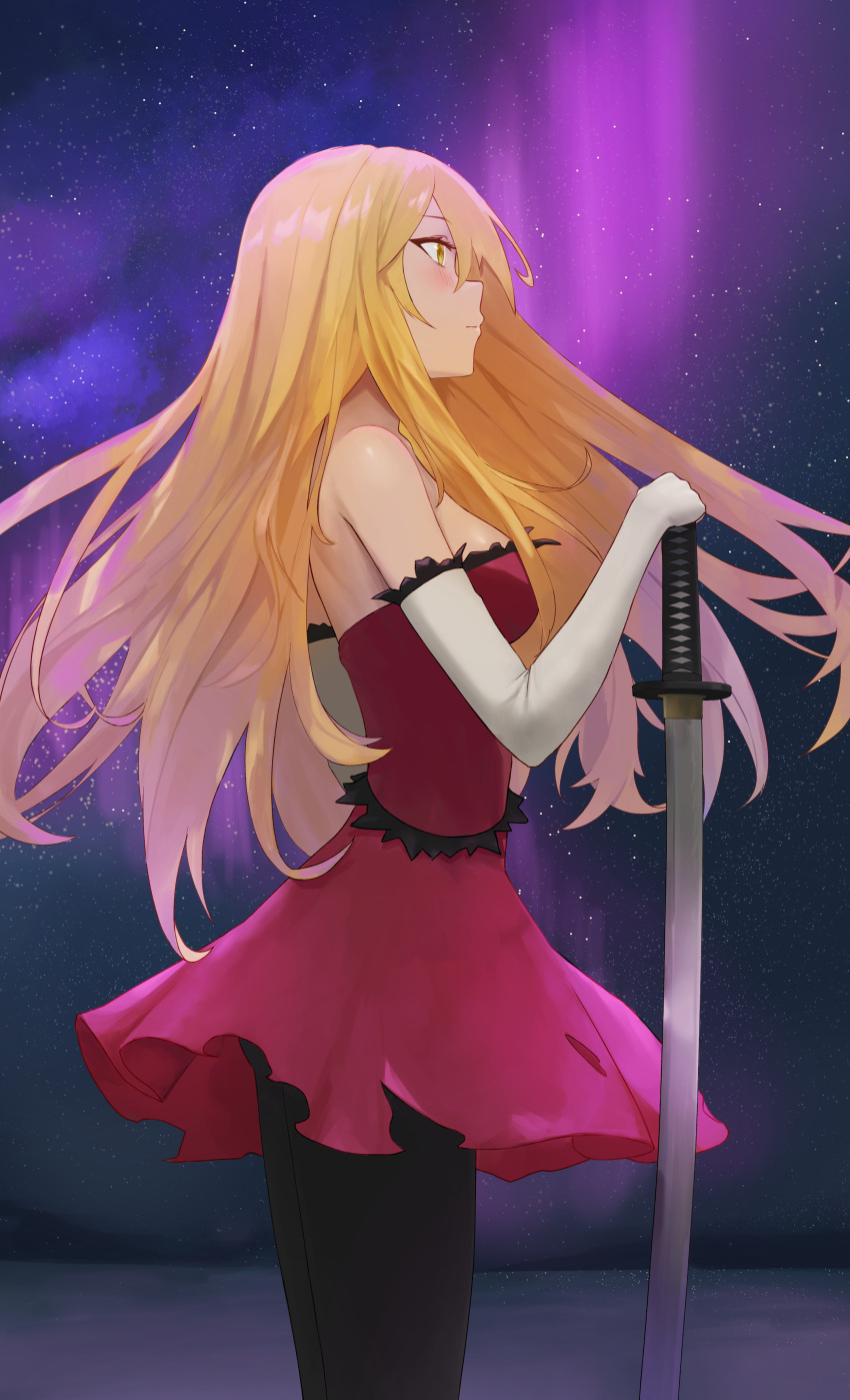 absurdres aurora black_pantyhose blonde_hair blush breasts dress elbow_gloves floating_hair gloves highres holding holding_sword holding_weapon katana kiss-shot_acerola-orion_heart-under-blade kizumonogatari kuki long_hair looking_to_the_side medium_breasts monogatari_(series) night night_sky pantyhose planted planted_sword profile red_dress sky standing star_(sky) starry_sky strapless strapless_dress sword torn_clothes torn_dress very_long_hair weapon white_gloves yellow_eyes