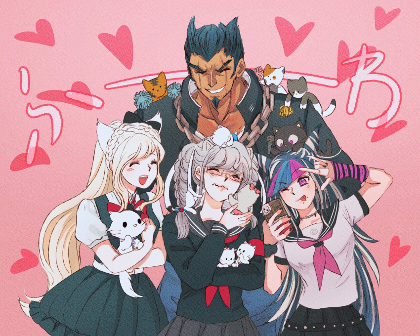 1boy 3girls :d :p animal animal_ears animal_on_shoulder bangs belt black_bow black_hair black_jacket black_nails black_scrunchie black_shirt blue_hair bow braid breasts cat cat_ears collarbone danganronpa_(series) danganronpa_2:_goodbye_despair dress facial_hair goatee green_dress green_hair grey_sailor_collar grin hair_bow hair_horns hands_up heart highres holding holding_animal holding_cat jacket large_breasts long_hair midori_(310ri_21) mioda_ibuki multicolored_hair multiple_girls nail_polish neckerchief nidai_nekomaru open_clothes open_jacket pekoyama_peko pink_background pink_eyes pink_hair puffy_short_sleeves puffy_sleeves red_armband red_neckerchief sailor_collar scrunchie shirt short_hair short_sleeves smile sonia_nevermind tan teeth tongue tongue_out upper_teeth white_belt white_hair white_shirt wrist_scrunchie