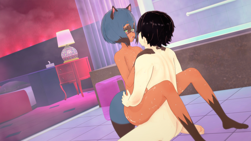 16:9 anthro bathroom bathtub bed blue_body blue_eyes blue_hair brand_new_animal brown_body brown_fur butt canid canine canis digital_media_(artwork) dropper_(artist) duo female female_penetrated from_front_position fur furniture hair hi_res kneeling lamp male male/female male_penetrating male_penetrating_female mammal mastery_position michiru_kagemori netflix nightstand nude on_ground penetration raccoon_dog sex shower studio_trigger tanuki wet widescreen